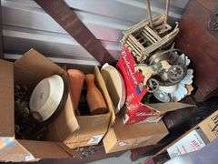 Miscellaneous housewares, decor and kitchen items include box of brass candlesticks, some bar items, bakeware, pampered chef cooking pan, decor items, angels
