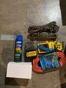 Rope, drop cords, bits, multipurpose plastic boxes, tape measure, bug spray, hooks, etc