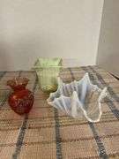 Opalscent whimsy bowl, slag glass vase and Mary Gregory vase