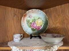 Handpainted china, berry set, juice reamer, pitchers, chamber pot, and more