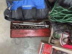Socket set, pr folding sawhorses, drop cord, tool bag and more