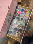 Five drawer pink dresser, full of beading supplies and jewelry making items