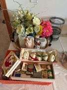 Home decor, angel, eggs, old stick matchbooks, LED candles etc...