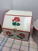 Vintage bread box, enamelware pail and hand enameled cup