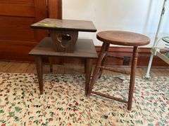MCM two tier end table, heavy, and wooden stool