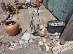 Garden decor, including copper boiler, and cat cut out