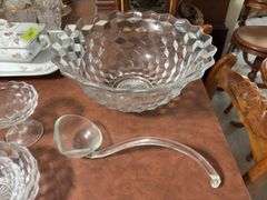 American Fostoria punch bowl, glass ladle, compote, bowl and nappy bowl