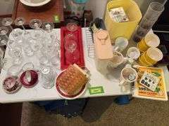 Variety of drink ware, plastic containers, custard cups etc....