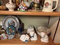 3 shelves of dustables-figurines, wood cars, cats, old marble game and LOTS more