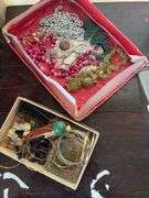 Various costume jewelry, dresser mirror, fingernail sets, watches, etc