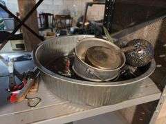 Metal shelf and contents includes vinyl tape, coolers of all sizes, security light, file box, etc