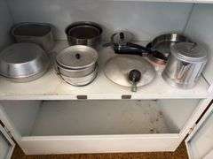 Canteen, coffee pot, lunch pails, small stainless steel bowls, etc