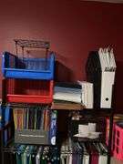 Metal shelf units, ring binder notebooks, shelving cubicals, filing cabinets, bookcase