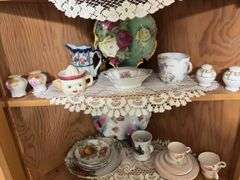 Handpainted china, berry set, juice reamer, pitchers, chamber pot, and more