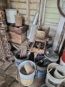 Contents of tool shed includes tool boxes, 2 floor jacks, 2 man saw, windows, buckets of charcoal, nail kegs, nails, pony shoes and more See photos, bring your gloves!