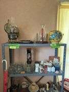 Contents of metal shelf and two other shelves-snack sets, cookie jar, S&P’s, vases, books, record albums, etc