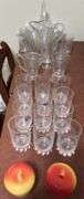 2 apple jars, glasses, early pattern glass cream & sugar, fan basket, pitcher and glasses set
