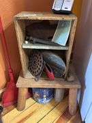Vintage wooden step stool, wooden box and decorative items