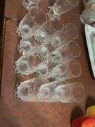2 apple jars, glasses, early pattern glass cream & sugar, fan basket, pitcher and glasses set