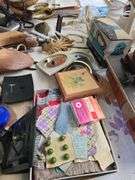 Grab bag lot includes lamps, papers, canister, iron, shoe stretchers, etc