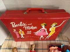 1963 Barbie and Midge doll case, (2) 1958 patent dolls, assorted clothes and patterns