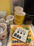 Variety of drink ware, plastic containers, custard cups etc....