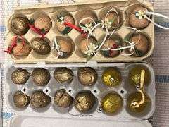 English walnut tree decorations, 4 west Germany nut ornaments, paper lanterns