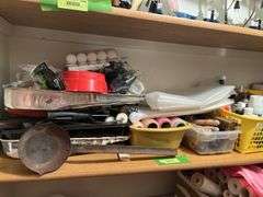 Shelf with painting supplies and other household items