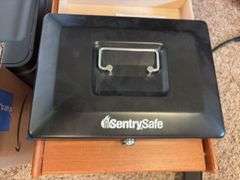Office supplies, Canon mx492 printer, paper, small lock box, teakwood desk trays