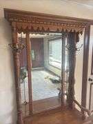 Antique ornate lions head oak entry bench with mirror