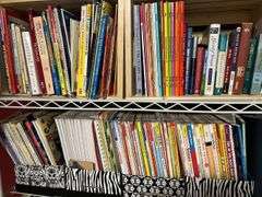 2 white metal shelf units, oak bookcase and LOTS AND LOTS of education materials BRING YOUR BOXES
