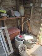 Contents of tool shed includes tool boxes, 2 floor jacks, 2 man saw, windows, buckets of charcoal, nail kegs, nails, pony shoes and more See photos, bring your gloves!