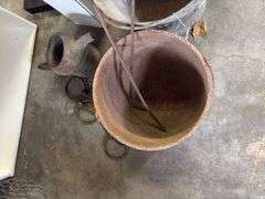 Coal bucket, tin pour can, CI 3 legged kettle and stove lifters