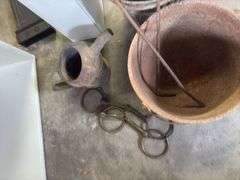 Coal bucket, tin pour can, CI 3 legged kettle and stove lifters