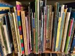 2 shelves of mostly kids books and young readers books