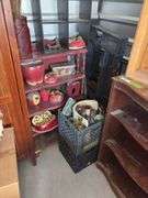 Two shelving units and lots of smaller shelves and storage items plus group of apple kitchen items