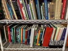 2 white metal shelf units, oak bookcase and LOTS AND LOTS of education materials BRING YOUR BOXES