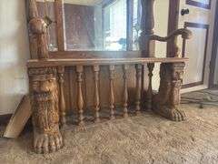 Antique ornate lions head oak entry bench with mirror