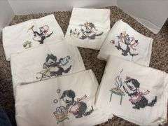 Set of 6 cross stitched cotton towels w/ cats
