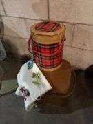 Square picnic basket, metal plaid picnic basket and tablecloth