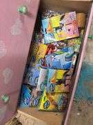 Five drawer pink dresser, full of beading supplies and jewelry making items