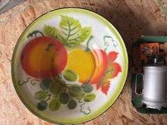 Large painted enamelwear bowl and Miro cookie press