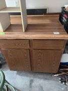 36" base cabinet and 36" double door wall cabinet and small white shelf unit  Bring a screw gun