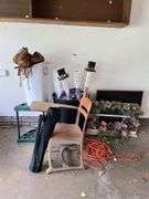 Tab arm school desk, plastic garbage cab, totes and yard tool rack