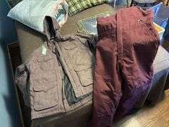 Ladies ridgecut heavy canvas lilac colored coat (M) and maroon overalls (L)