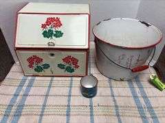 Vintage bread box, enamelware pail and hand enameled cup