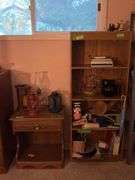 Two modern bookcases and a modern nightstand 10x24x58, 16x22x24 and 12x28x64 NO CONTENTS