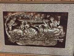 Gold tone retro relief picture 41 x 27 genuine plastic "The Picnic"