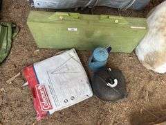 Fold up picnic table, coleman campfire tripod, cast iron dutch oven and enamel coffee pot
