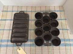 Cast iron cornbread pan marked 7 S E and muffin pan